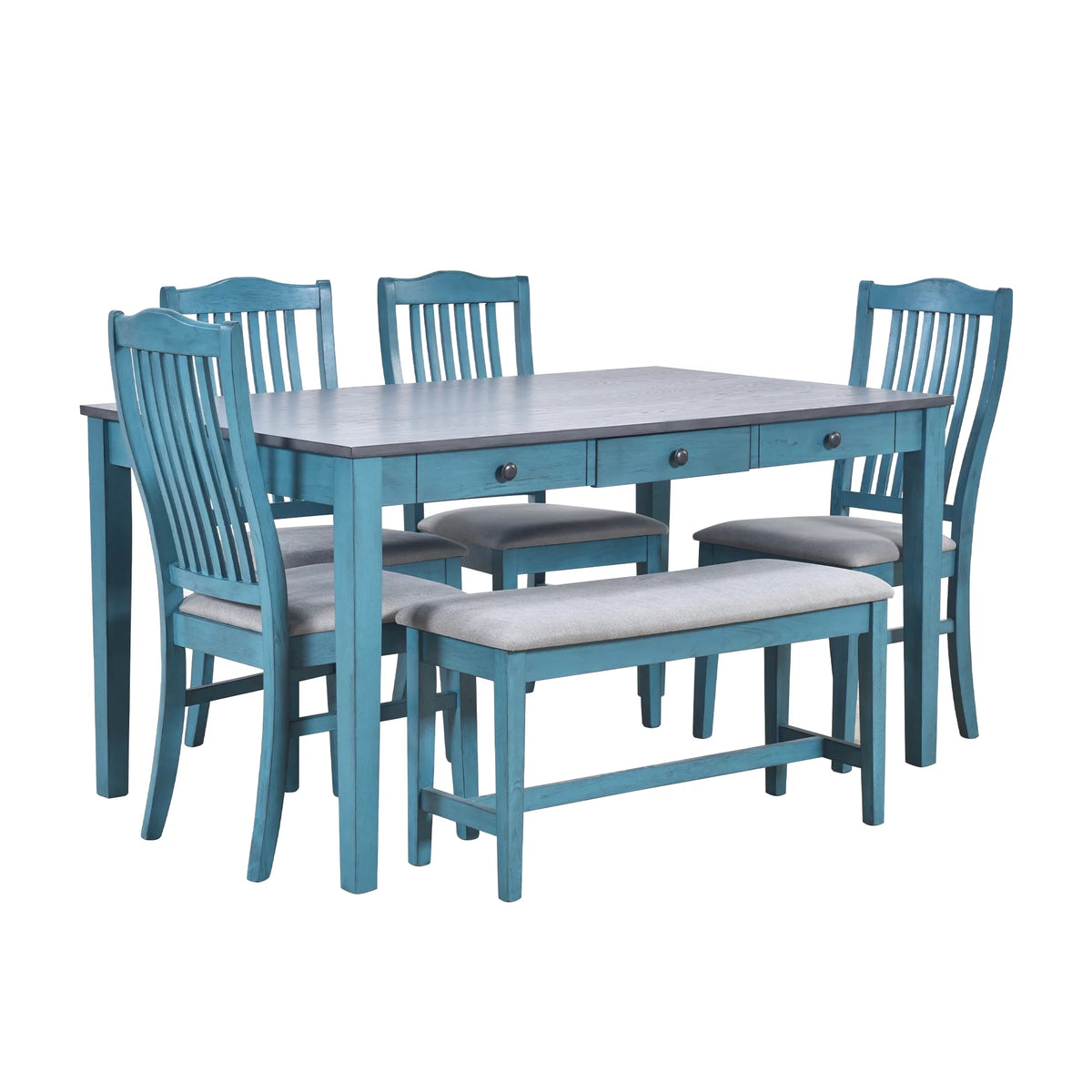 6 Piece Wood Dining Table Set with 4 Upholstered Chairs and Bench Q958