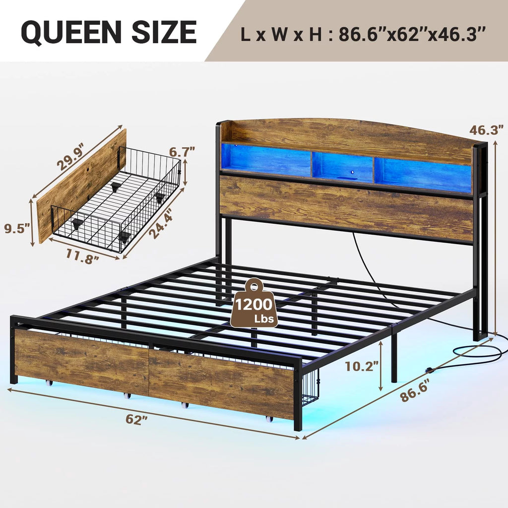 Queen Size Platform Bed with Storage Drawers and LED Headboard A58696