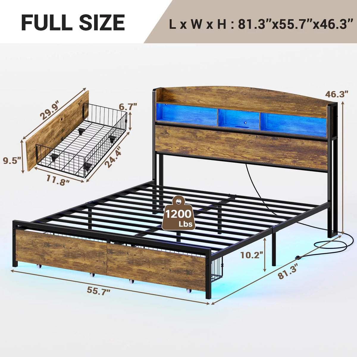 Queen Size Platform Bed with Storage Drawers and LED Headboard A58696