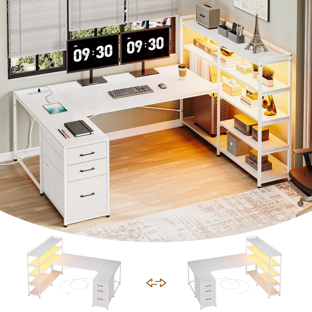 L Shaped Computer Desk with Power Outlet and Storage Shelves Y678