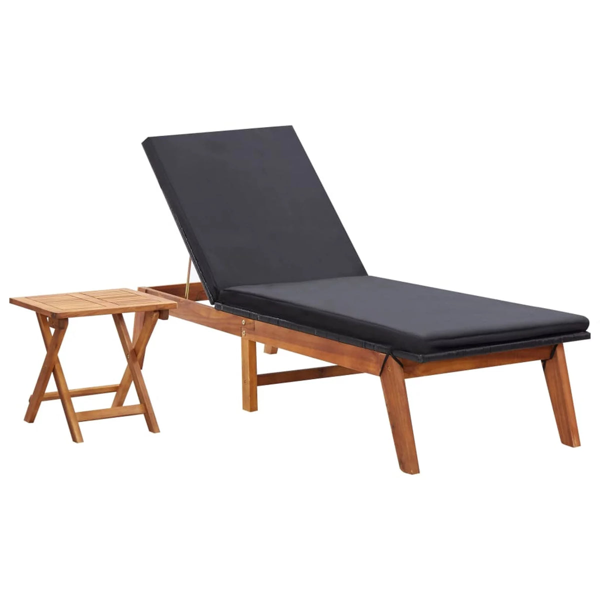 Black Poly Rattan Acacia Wood Adjustable Chaise Lounge Chair D81770