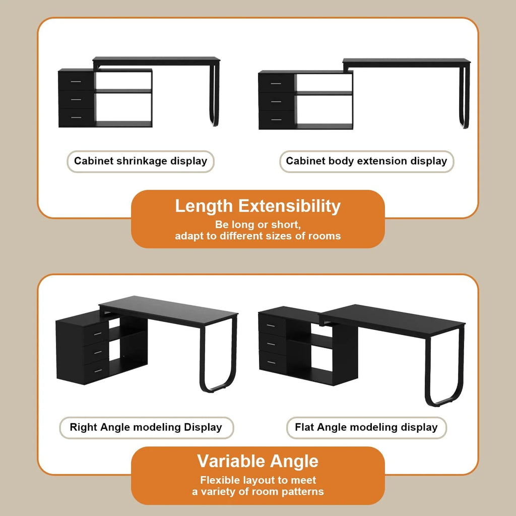 55.1" L-Shaped Office Desk with File Cabinet and 3 Drawers Black X317993