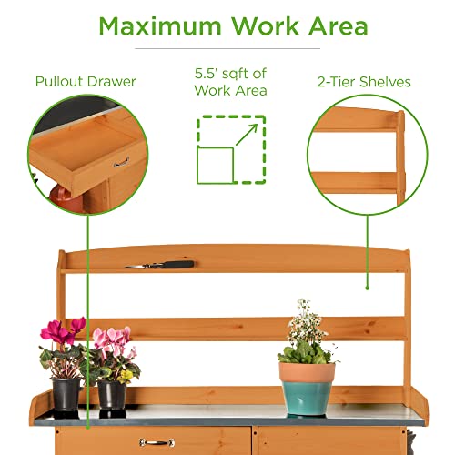 Wooden Potting Bench with Metal Table Top and Cabinet Y805913