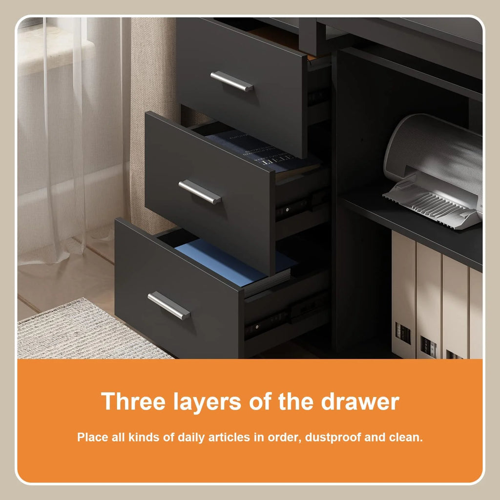 55.1" L-Shaped Office Desk with File Cabinet and 3 Drawers Black X317993