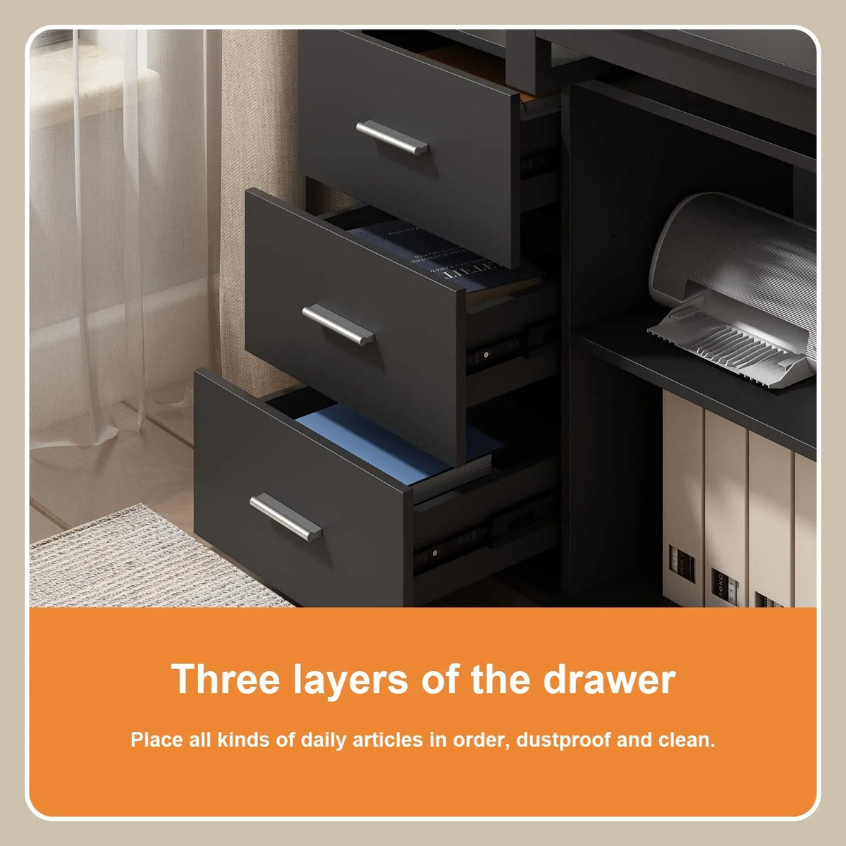 55.1" L-Shaped Office Desk with File Cabinet and 3 Drawers Black X317993