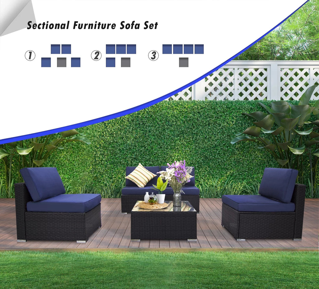 Blue 5 Pcs PE Rattan Wicker Sofa Set with Cushions F364