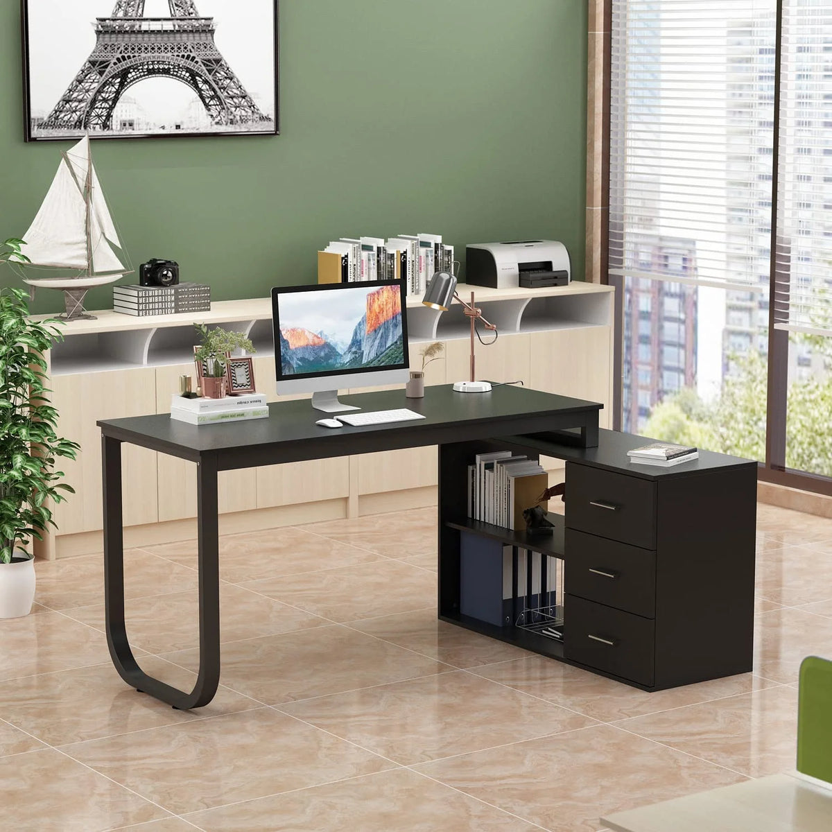 55.1" L-Shaped Office Desk with File Cabinet and 3 Drawers Black X317993
