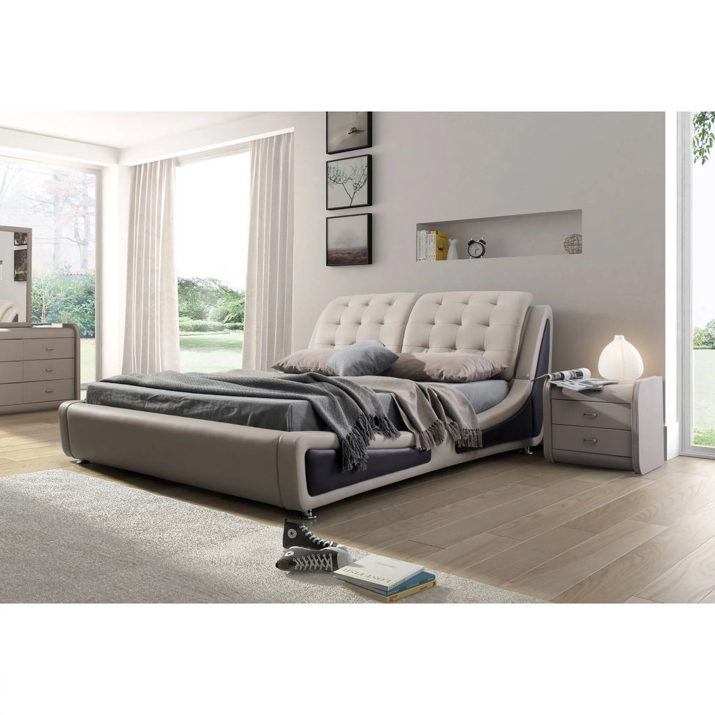 Beige Brown Queen Faux Leather Platform Bed O88472