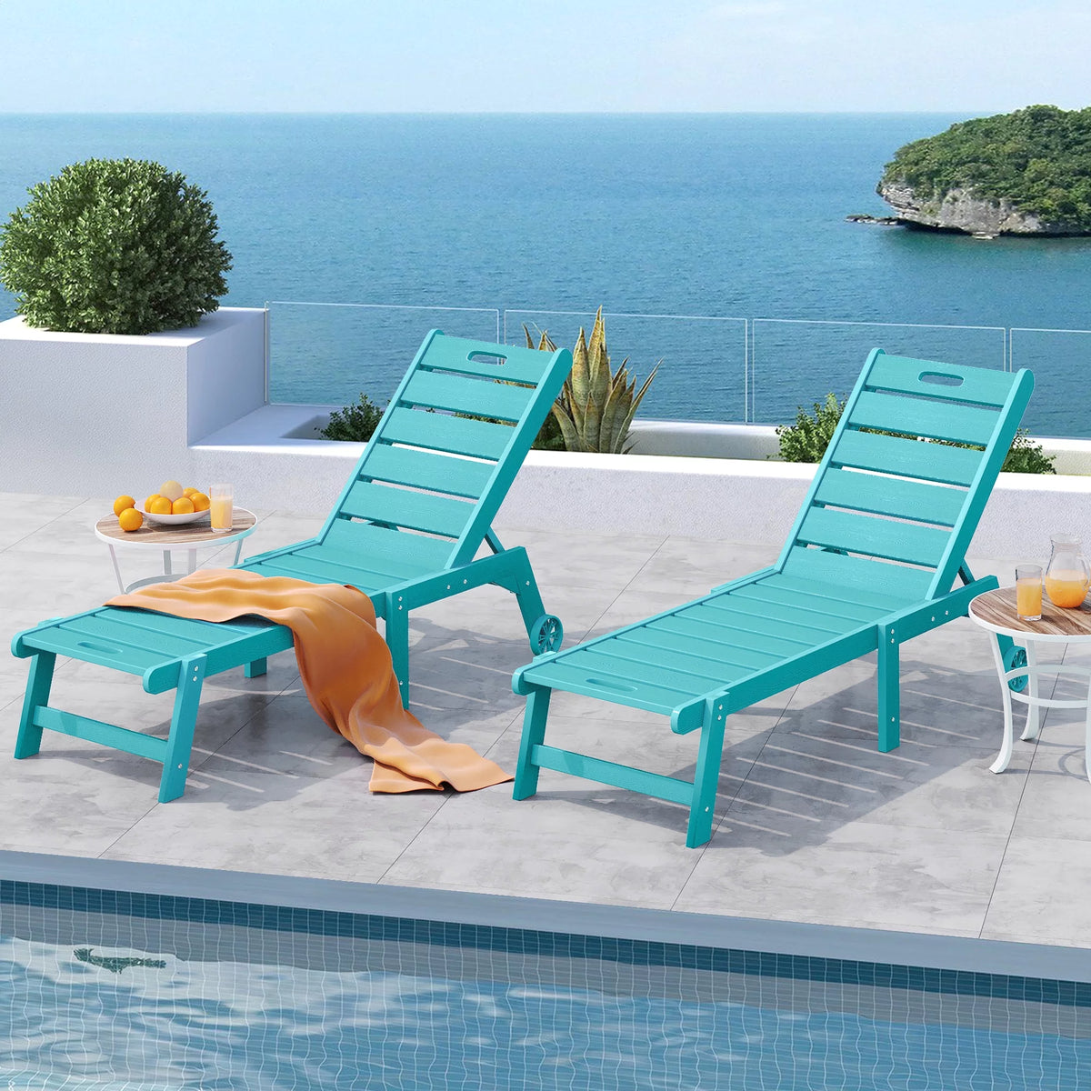 Blue 2 Pieces Patio Chaise Lounge Chairs with Wheels U559628