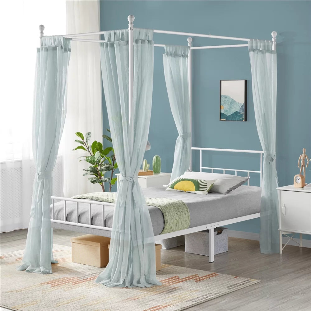 White Twin Metal Canopy Bed Frame with Headboard and Footboard B162743