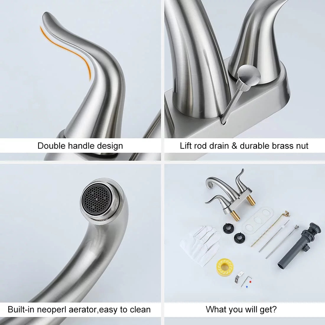 2 Handle 4 Inch Centerset Bathroom Sink Faucet with Lift Rod Drain Stopper T8968