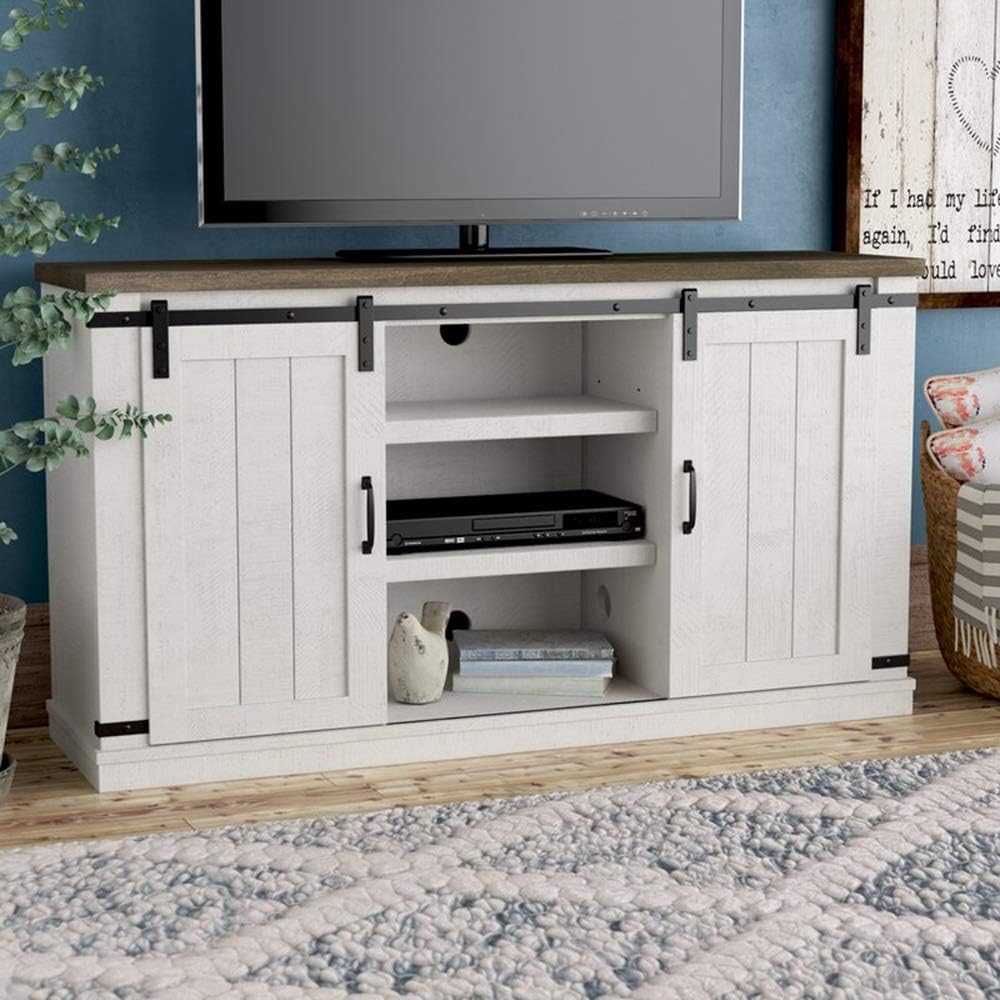 Dark Brown Wood TV Stand with Sliding Barn Door A834659