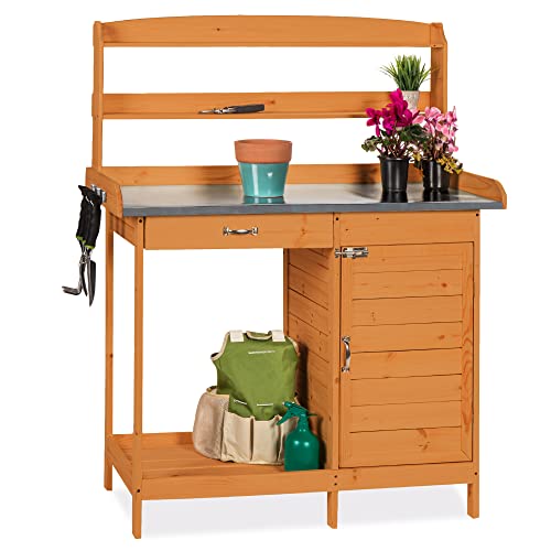 Wooden Potting Bench with Metal Table Top and Cabinet Y805913