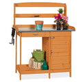 Wooden Potting Bench with Metal Table Top and Cabinet Y805913