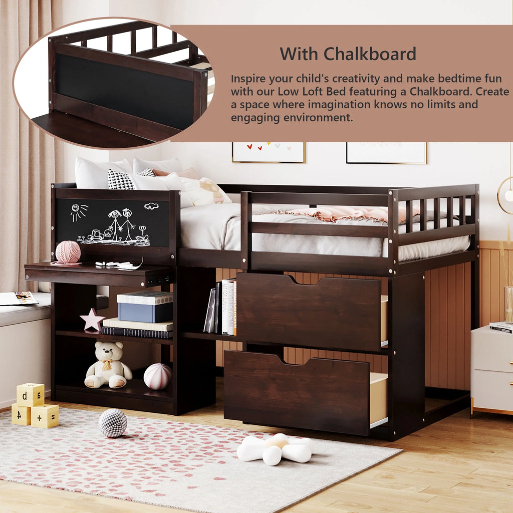 Twin Size Solid Wood Loft Bed with Drawers Shelves and Ladder X48943