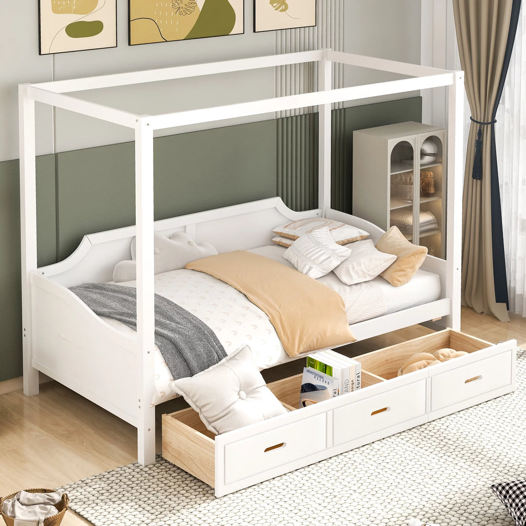 White Twin Size Wooden Canopy Bed with Drawers S61828