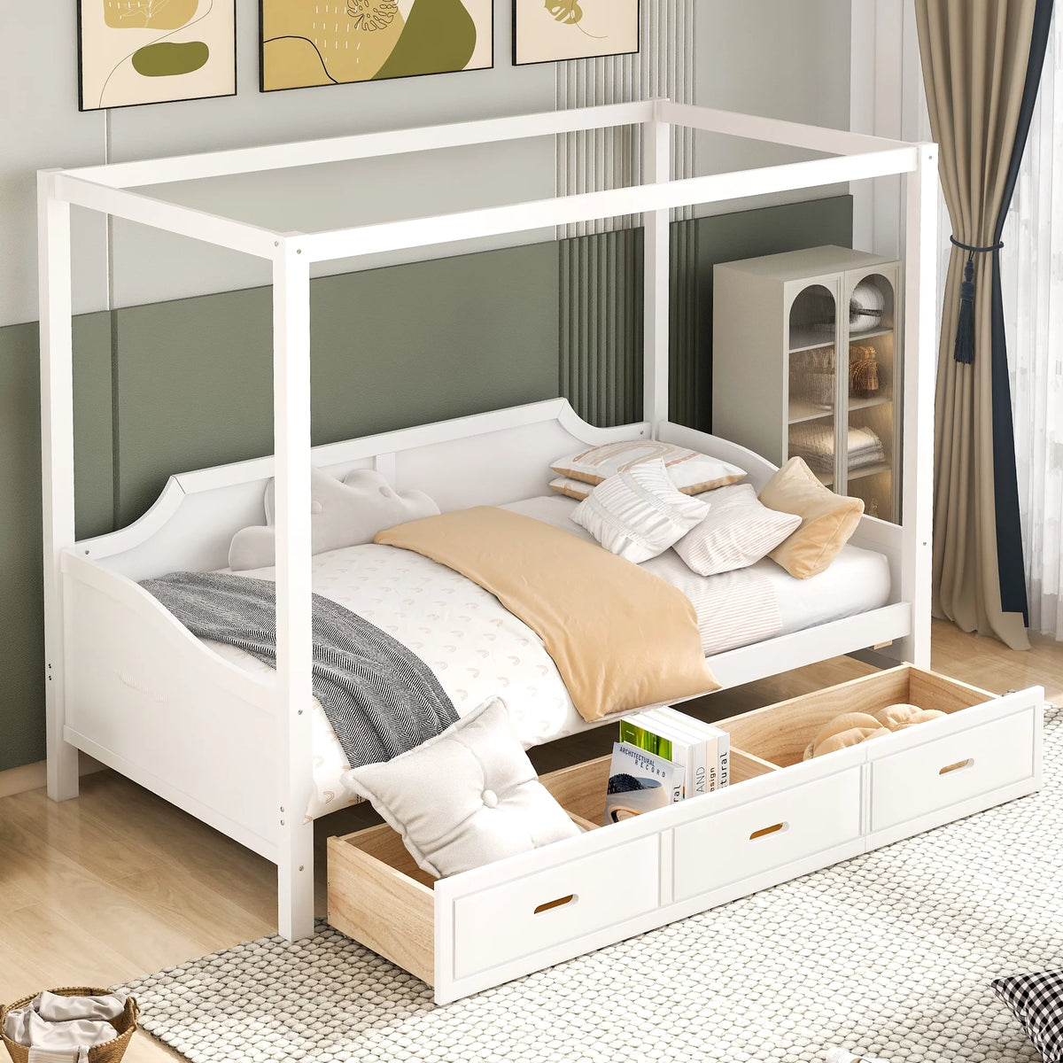 White Twin Size Wooden Canopy Bed with Drawers S61828