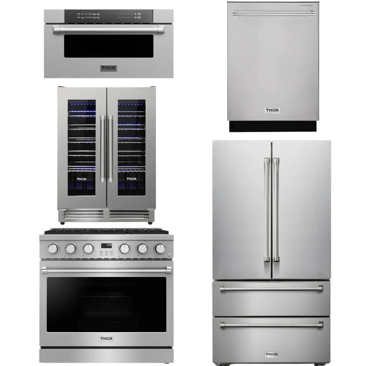 36 Gas Range, Refrigerator, Dishwasher, Microwave and Wine Cooler V9412