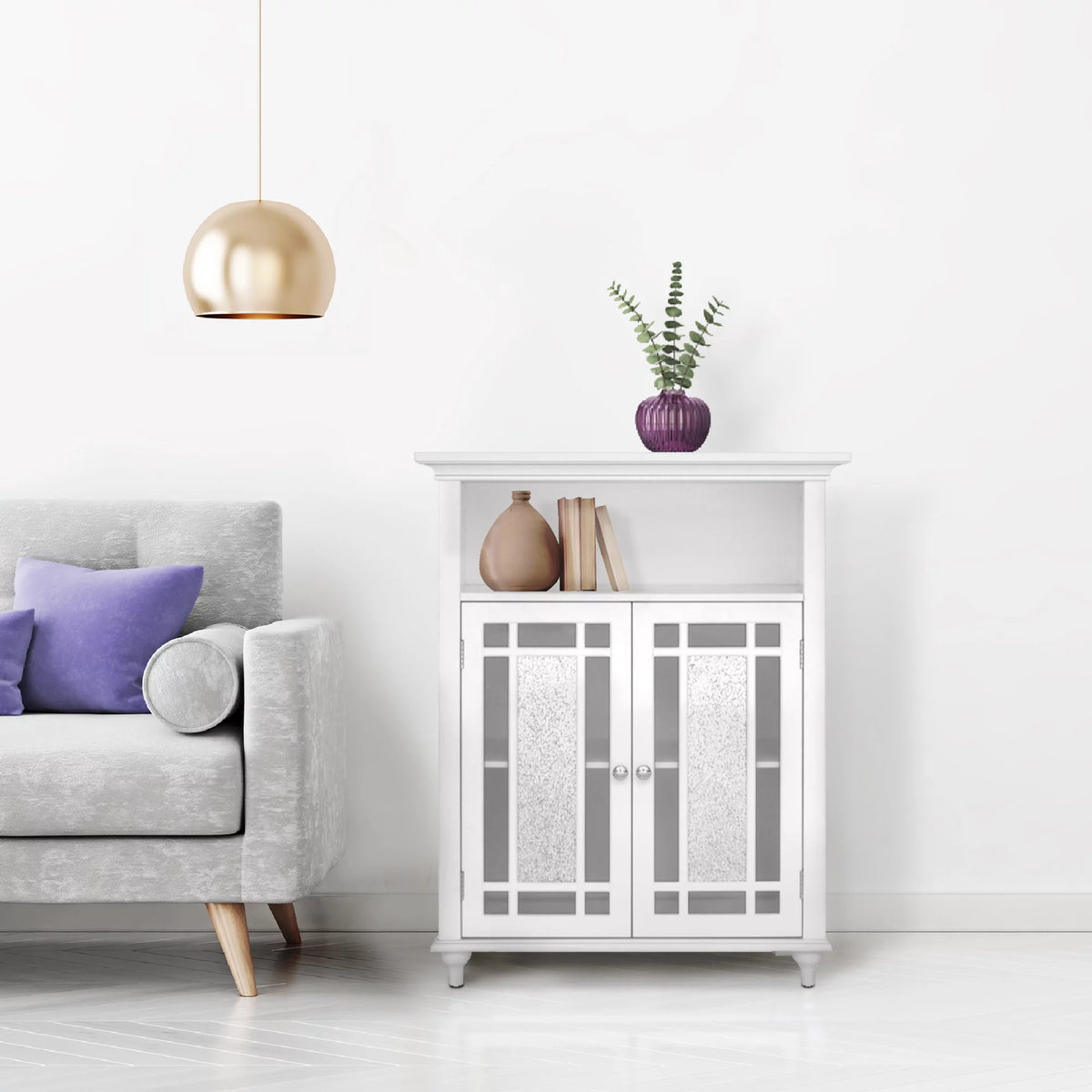 White Wooden Floor Cabinet with Glass Doors N343018