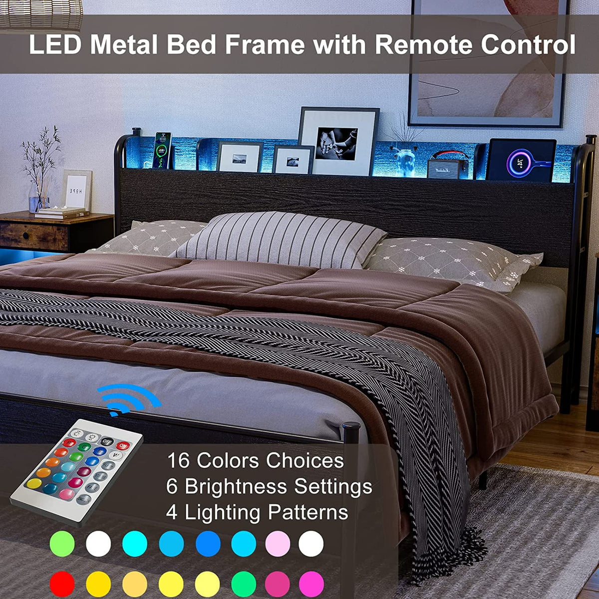 Black Twin XL LED Bed Frame with Storage Headboard and USB Ports G7662