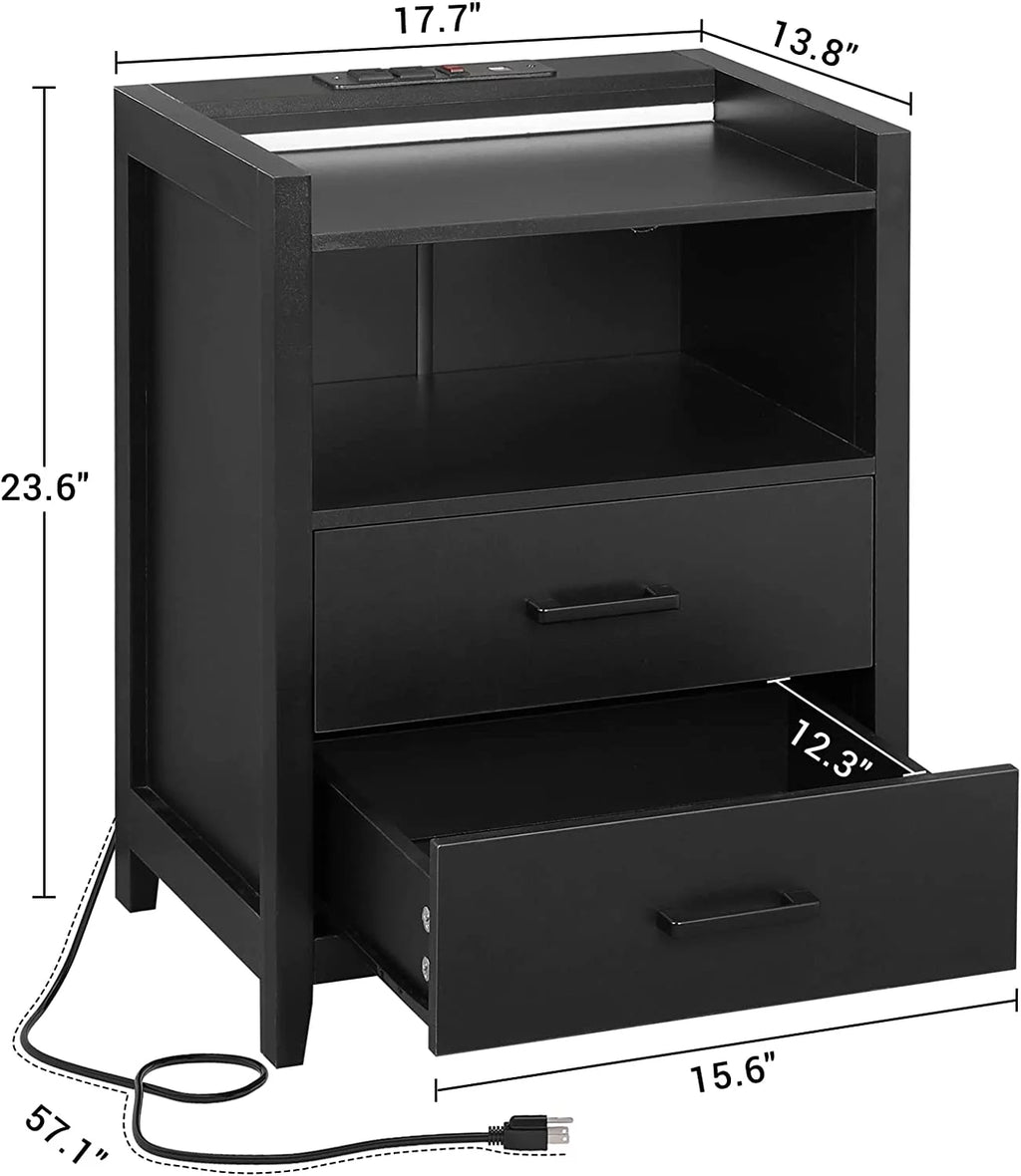 Black 2 Drawer Nightstand with LED Lights and Charging Station L17427
