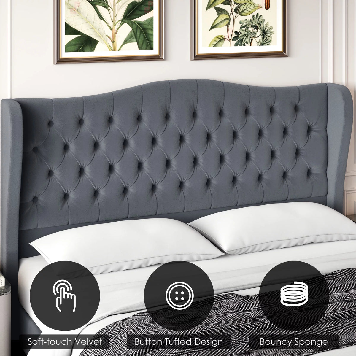 Queen Size Beige Velvet Tufted Upholstered Platform Bed Frame L260819