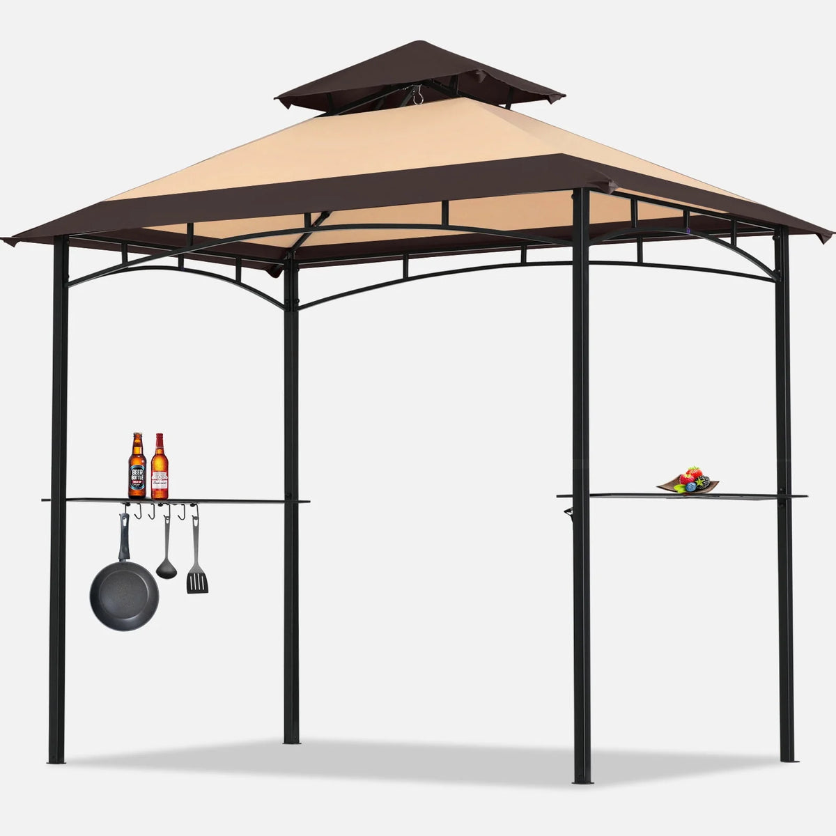 8' x 5' 2-Tiered Grill Gazebo Canopy with 2 LED Lights, Brown A68620