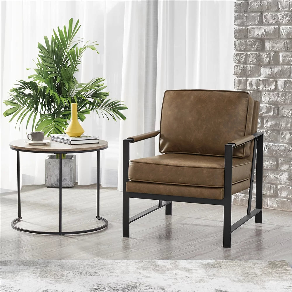 Brown Faux Leather Accent Chair with Metal Frame D473