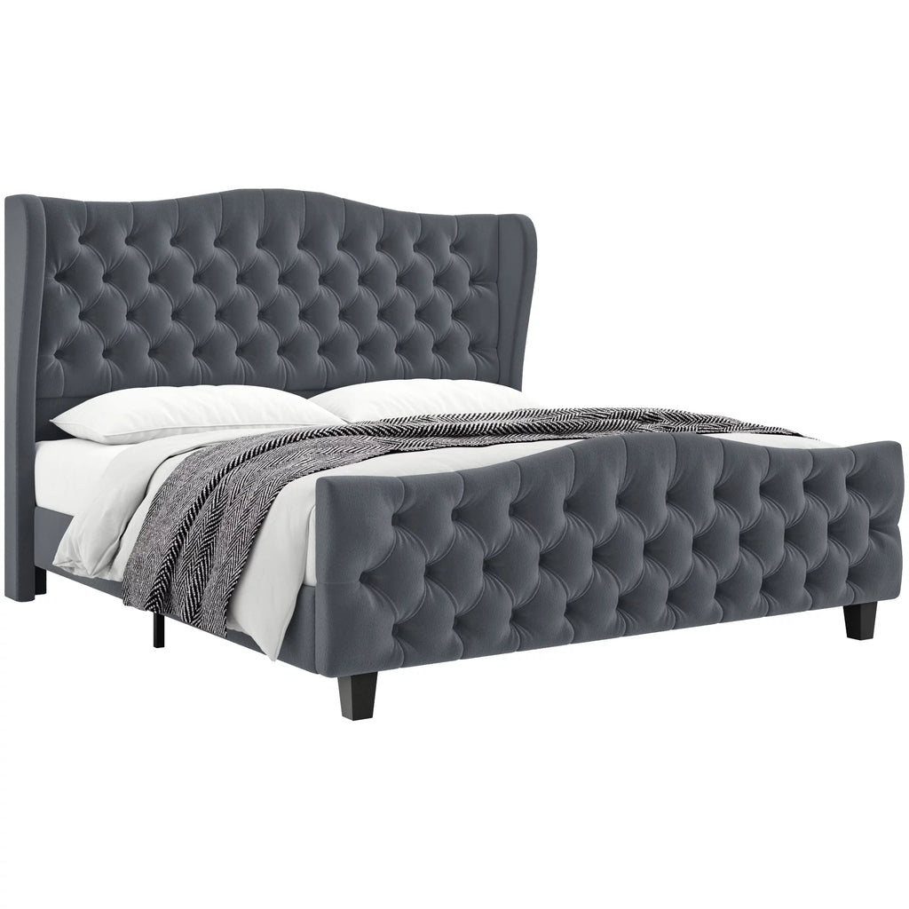 Queen Size Beige Velvet Tufted Upholstered Platform Bed Frame L260819