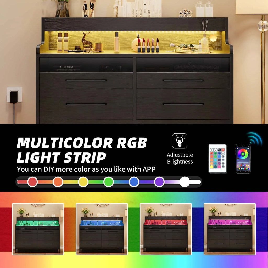 Black 6 Drawer Dresser with LED Light and Open Storage Q8759