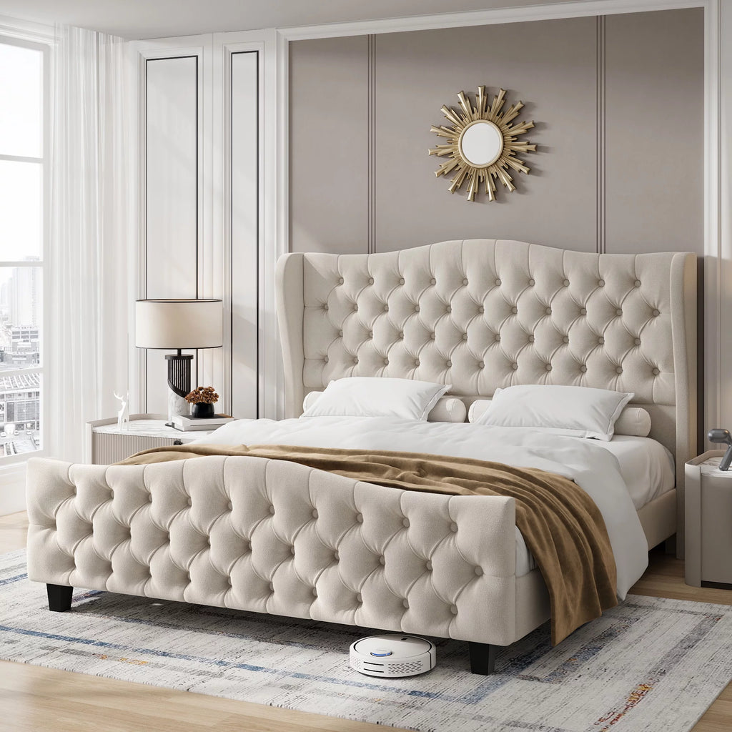 Queen Size Beige Velvet Tufted Upholstered Platform Bed Frame L260819