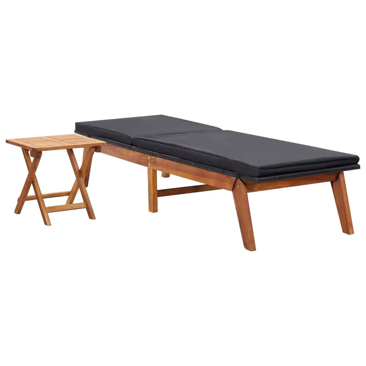 Black Poly Rattan Acacia Wood Adjustable Chaise Lounge Chair D81770