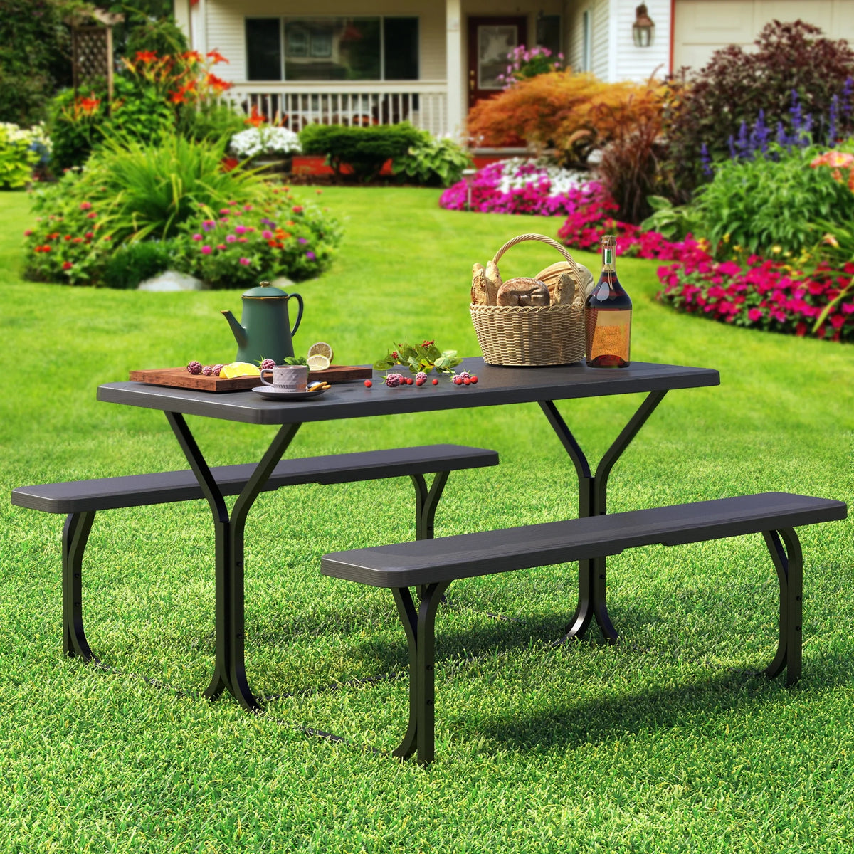 Heavy-Duty Outdoor Picnic Table Set Black H755473