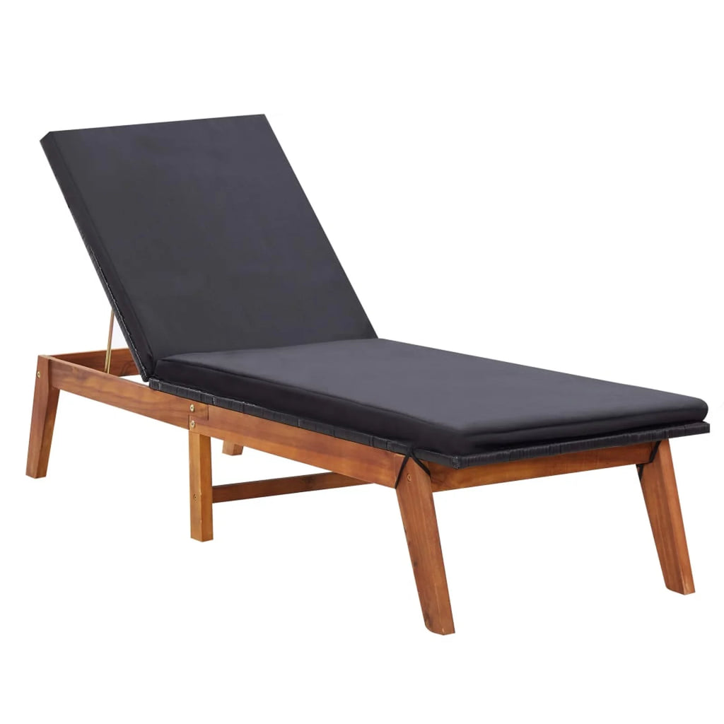Black Poly Rattan Acacia Wood Adjustable Chaise Lounge Chair D81770