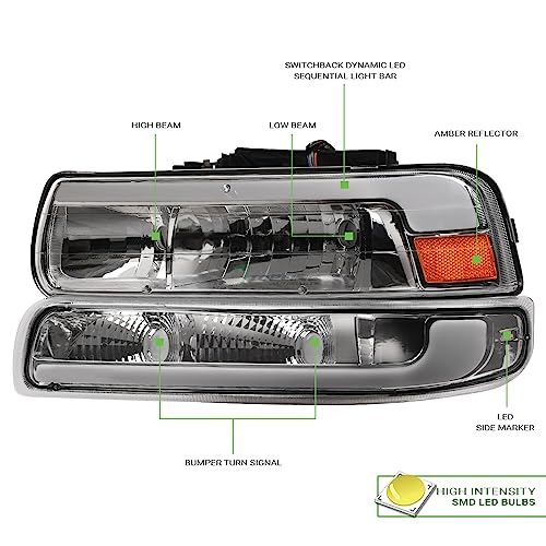 Compatible With Chevy Silverado Suburban Tahoe LED Strip Bar Black Housing Headlights With Signal Bumper Lamps Amber Reflector 4-Pieces K6117