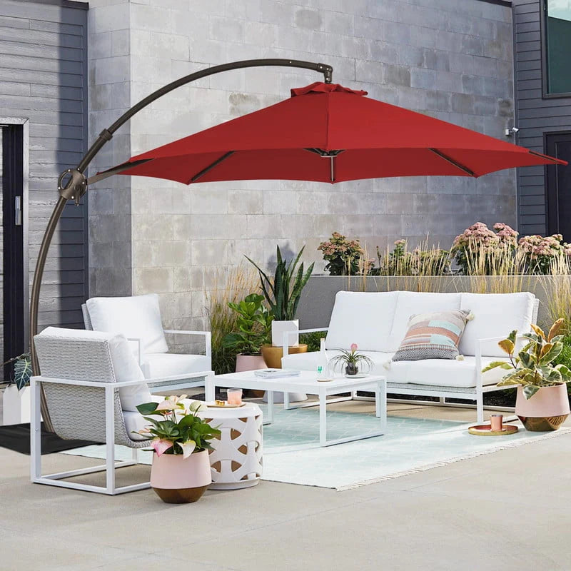 11ft Curvy Cantilever Offset Hanging Patio Umbrella with Base, Beige M14841