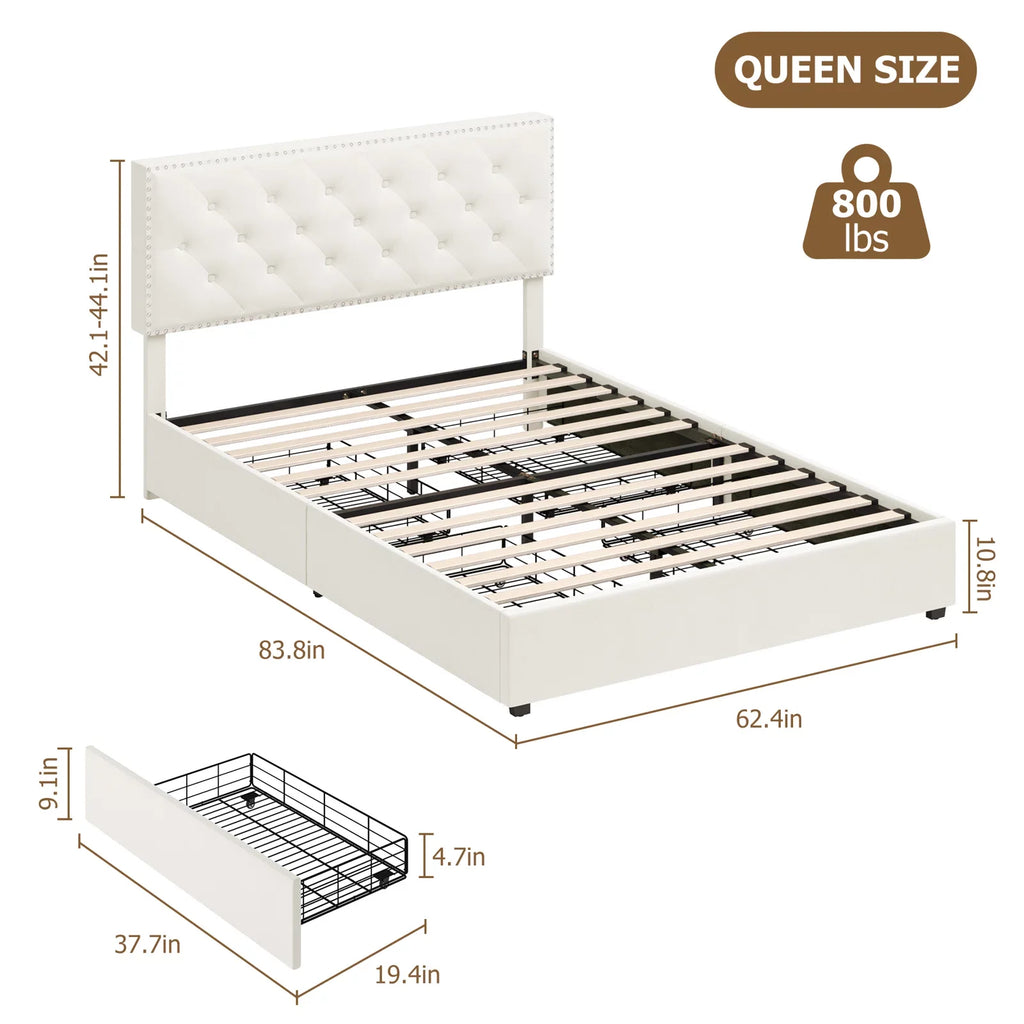 Queen Size Off-White Upholstered Storage Bed with 4 Drawers I78619