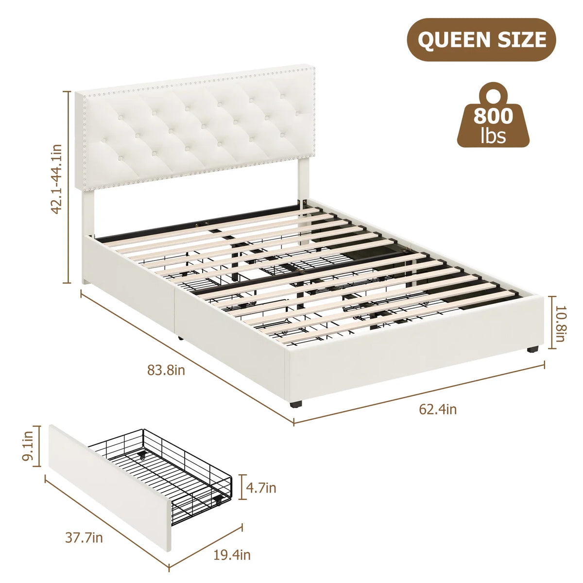 Queen Size Off-White Upholstered Storage Bed with 4 Drawers I78619