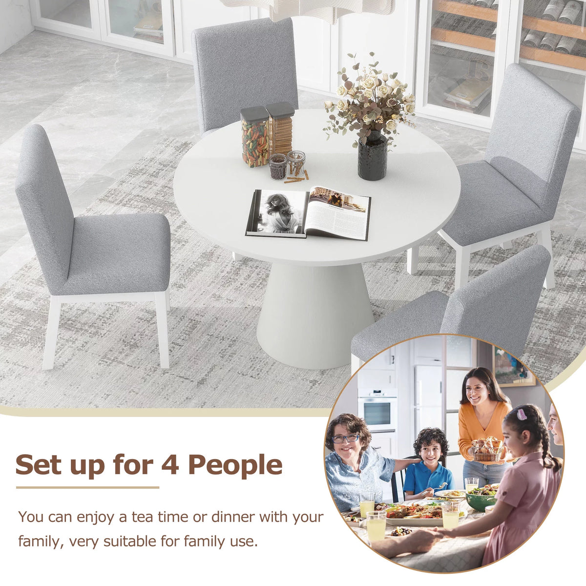 White 5 Piece Round Wood Dining Table Set with 4 Upholstered Chairs F754808