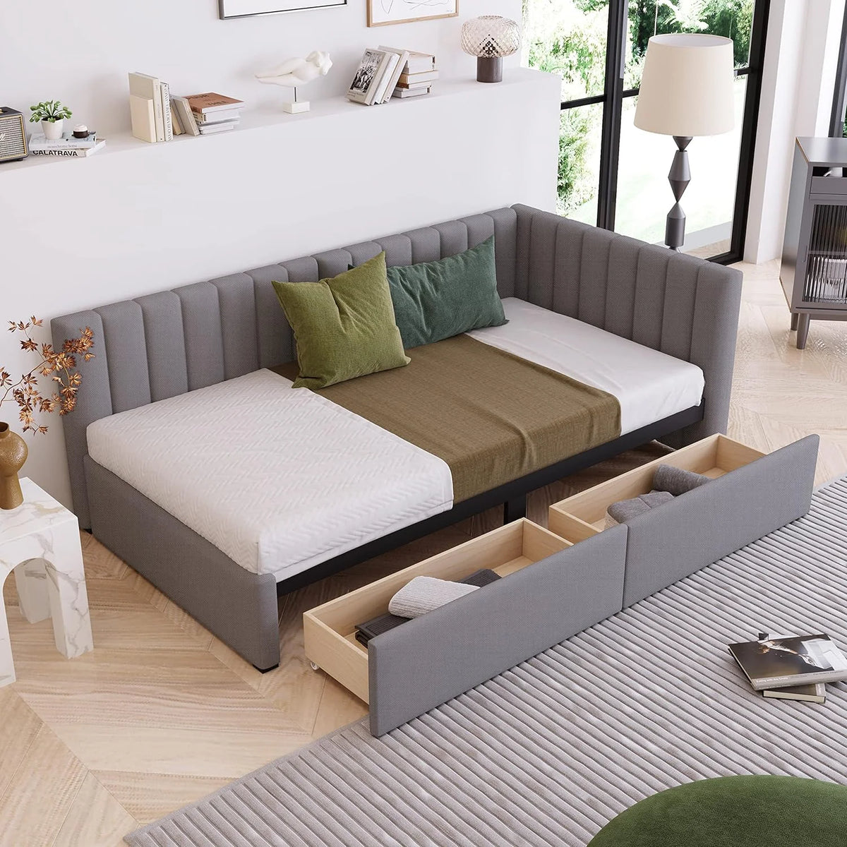Gray Linen Upholstered Daybed with 2 Storage Drawers H74759