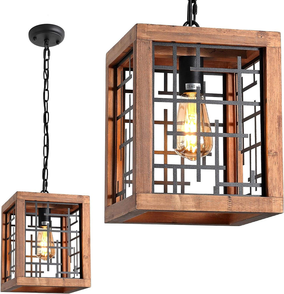3-Lights Wood Chandelier with Cage Shade N560