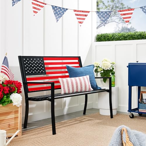 2-Person Steel Indoor/Outdoor Bench with American Flag, 790lb Capacity - Black K476482