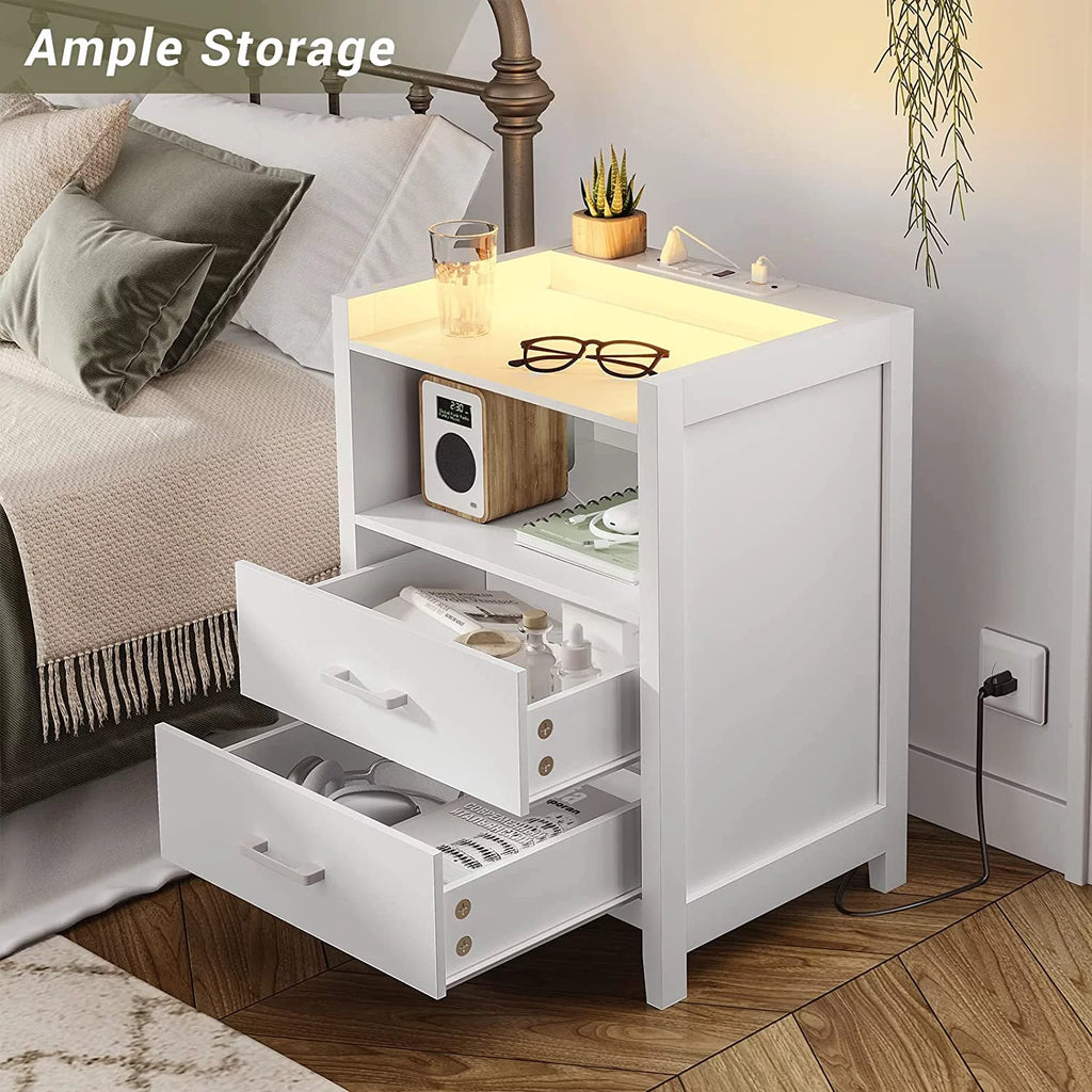 Black 2 Drawer Nightstand with LED Lights and Charging Station L17427