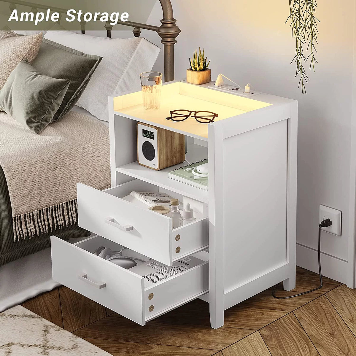 Black 2 Drawer Nightstand with LED Lights and Charging Station L17427
