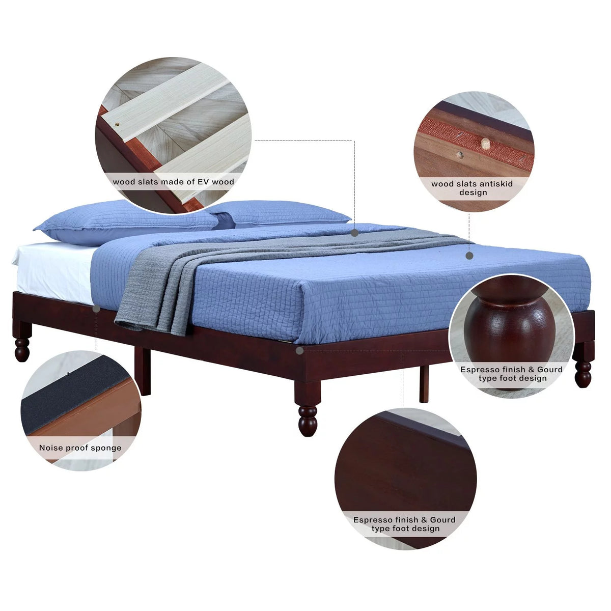Full Size 12 Inch Solid Wood Platform Bed with Under Bed Storage A40887