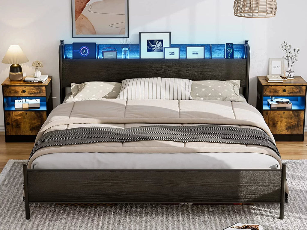 Black Twin XL LED Bed Frame with Storage Headboard and USB Ports G7662