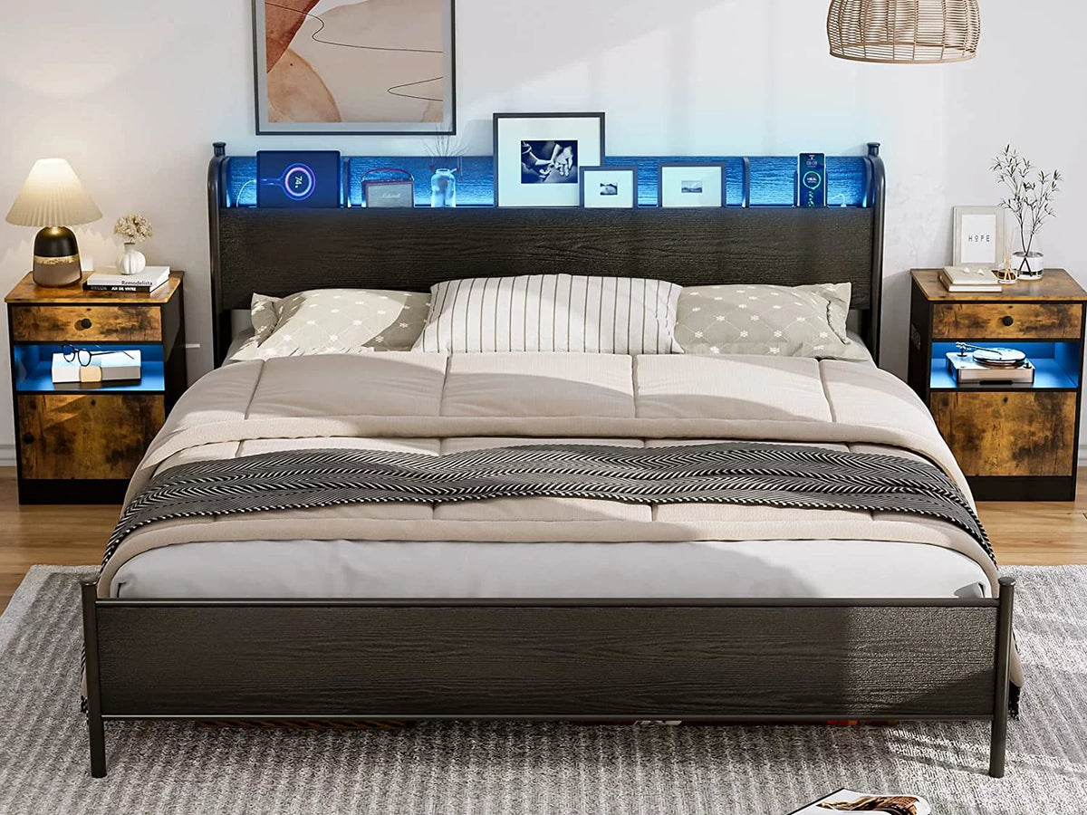 Black Twin XL LED Bed Frame with Storage Headboard and USB Ports G7662