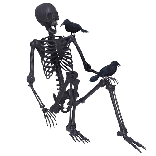 5.4Ft Posable Skeleton with Movable Joints and 2PC Black Feathered Crows U704901