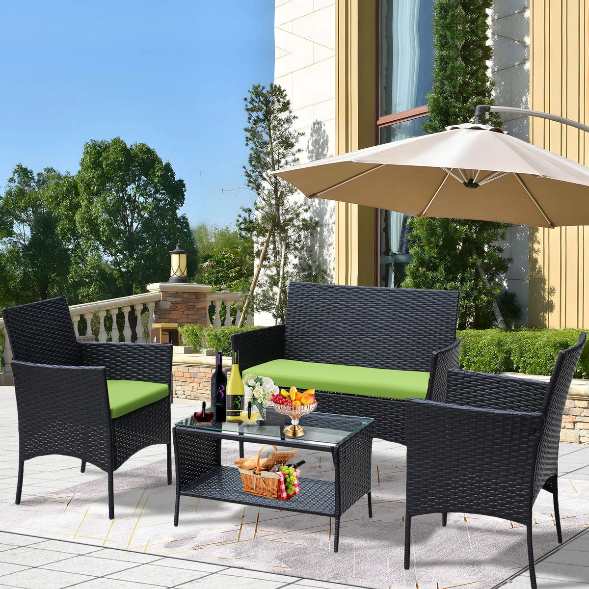 4 Pc PE Rattan Outdoor Furniture Set with Cushions J813283