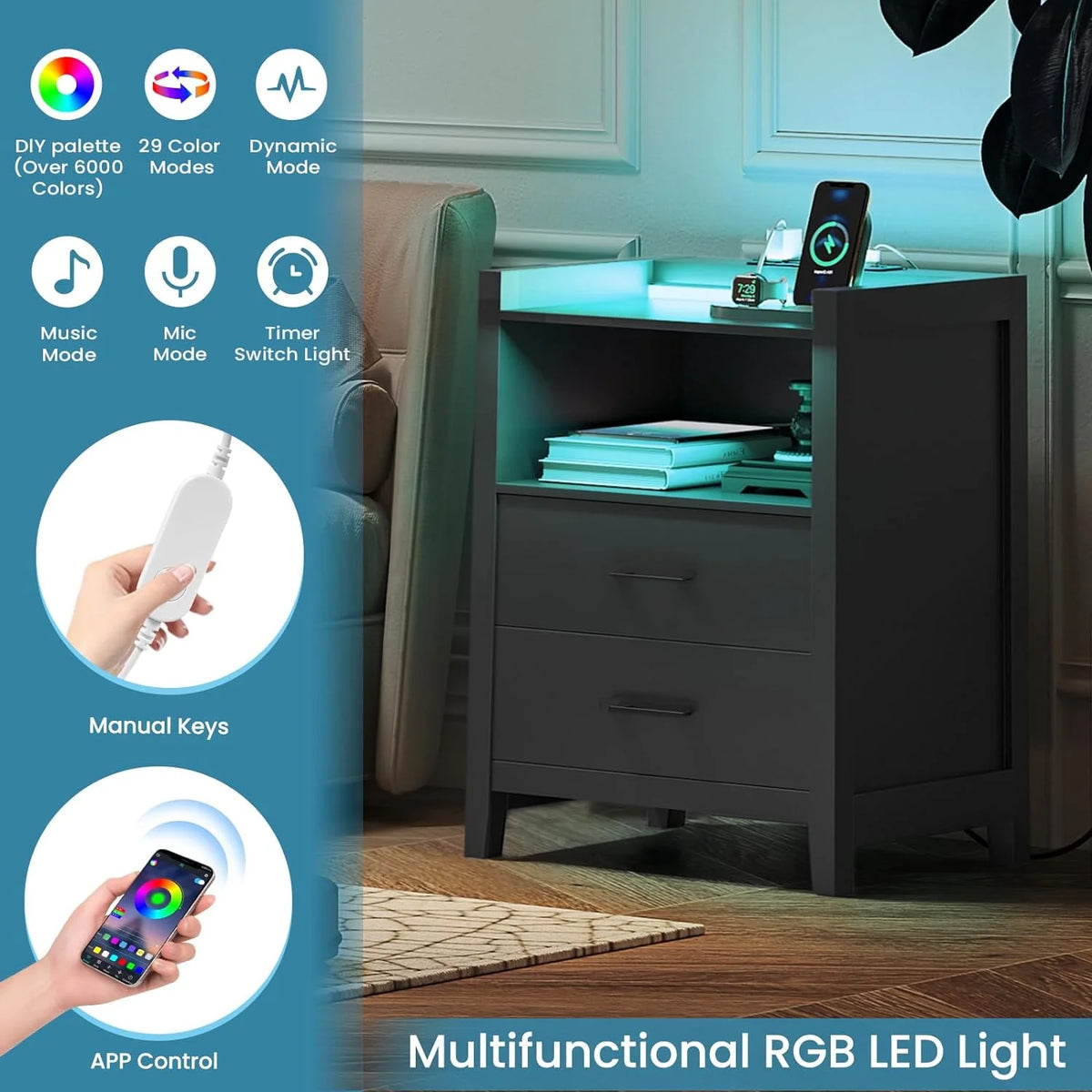 Black 2 Drawer Nightstand with LED Lights and Charging Station L17427